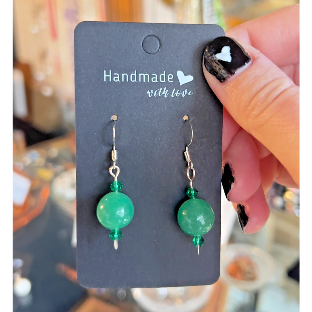 Artisan Made Hand Crafted Dangle Drop Earrings Sterling SIlver Green Agate OOAK